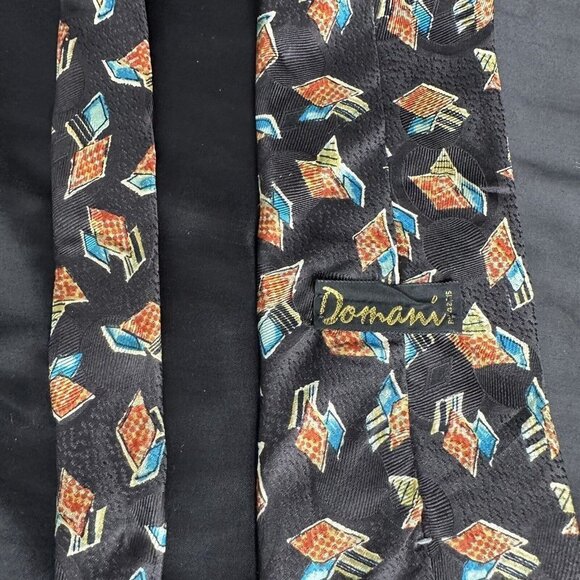Vintage Damon Mens Black Necktie Blue and Orange Geometric Silk Made In Italy - Picture 12 of 16